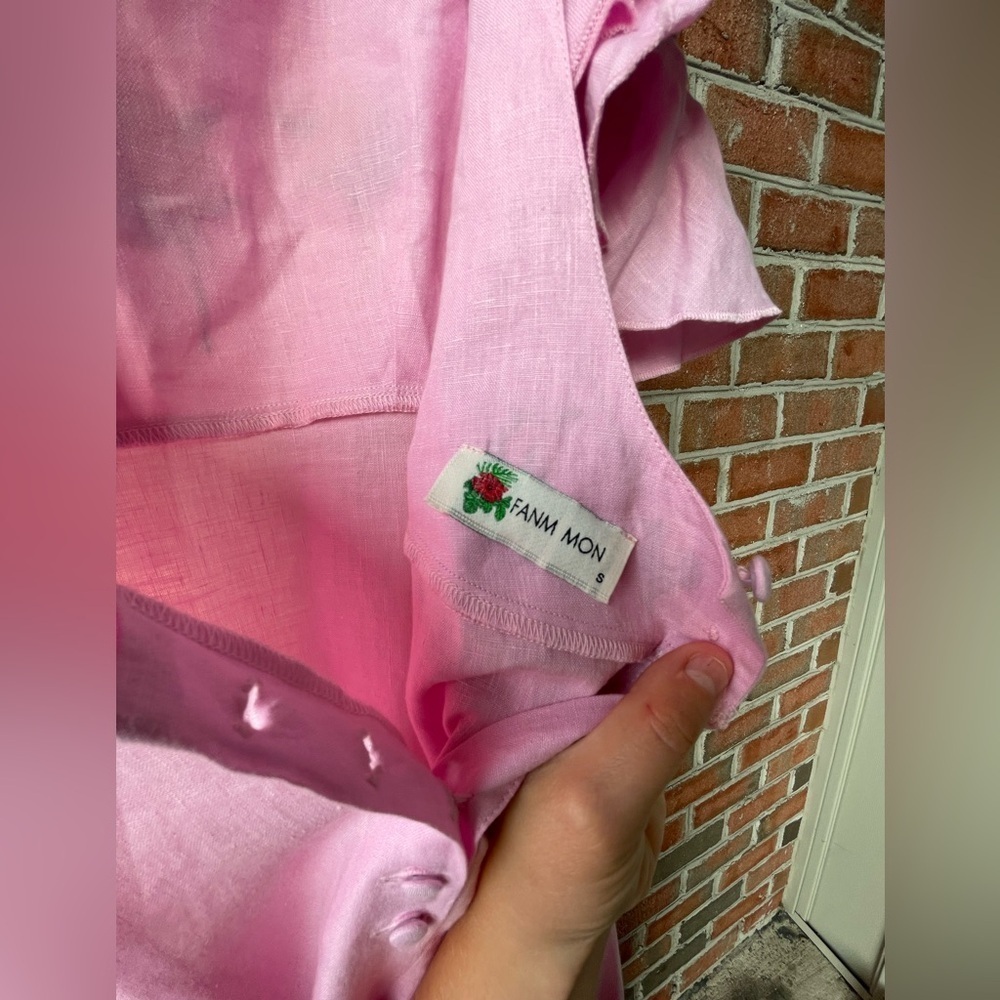 NWOT Fanm Mon Aster Pink Demre Linen Embroidered Maxi Dress Ruffle Sleeve SIZE S - Picture 7 of 9